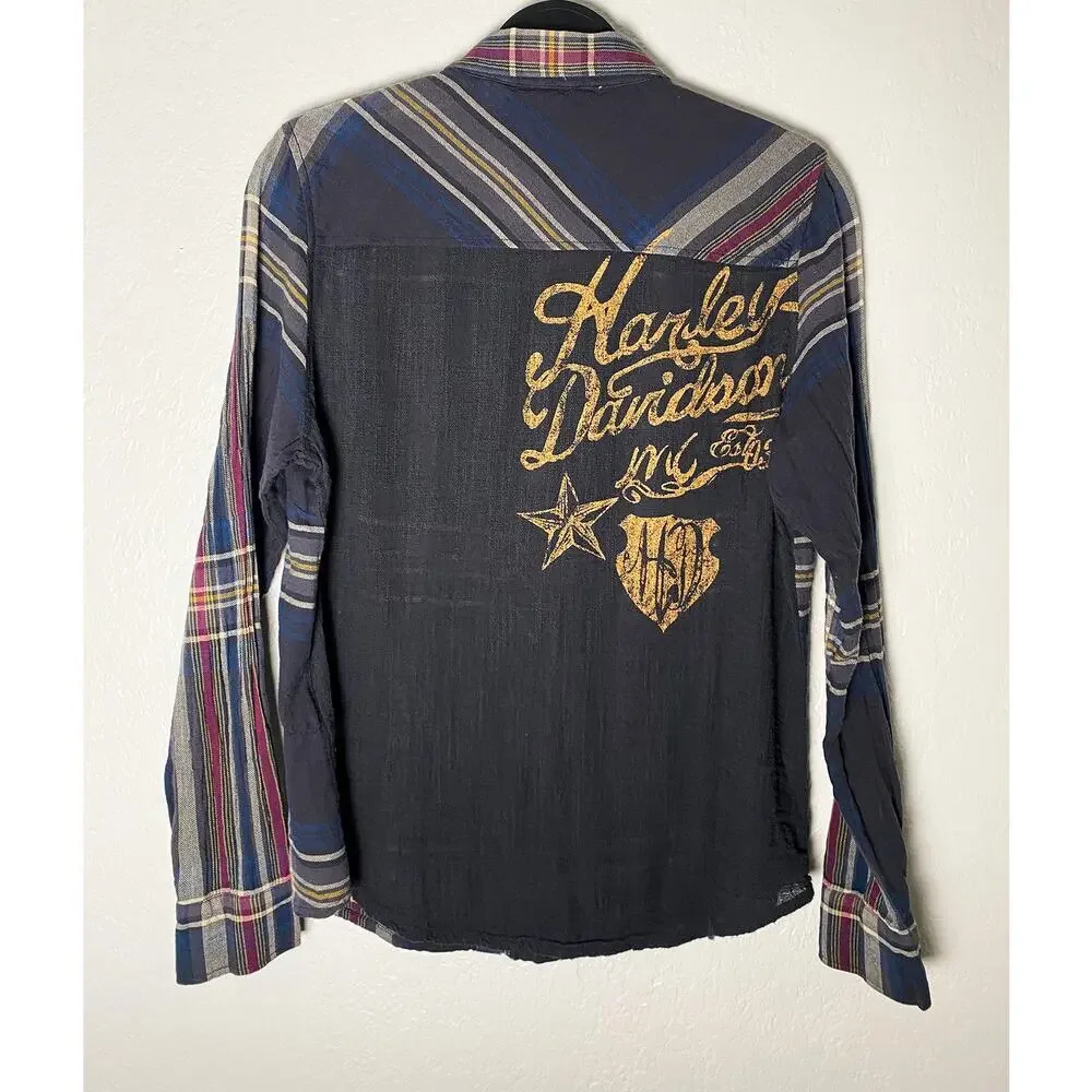 Harley Davidson Womens Blue Plaid Cotton Gauzy Long Sleeve Button Up Shirt Biker